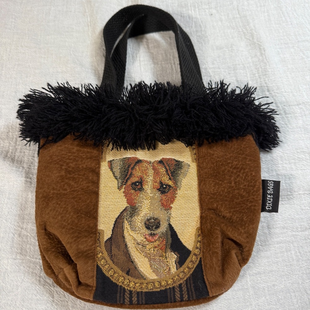 Dixie Bags Jack Russell Terrier Dog Tapestry Purse Brown Faux Suede‎ Fringe Tote